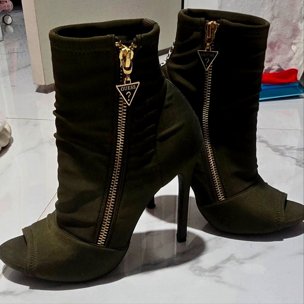 Guess Green Heeled Boots with Gold Zipper